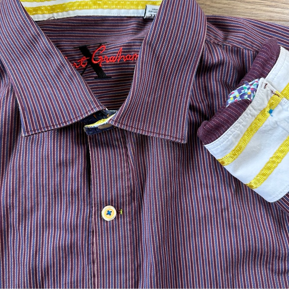 Robert Graham X Button Up Shirt 2XL‎ Striped Burgundy Blue Long Sleeve Flip Cuff